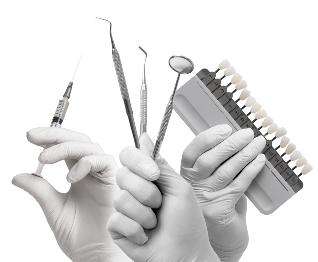Mãos-com-luvas-Instrumentos-odontológicos-Seringa-Escala-de-cores-dentárias