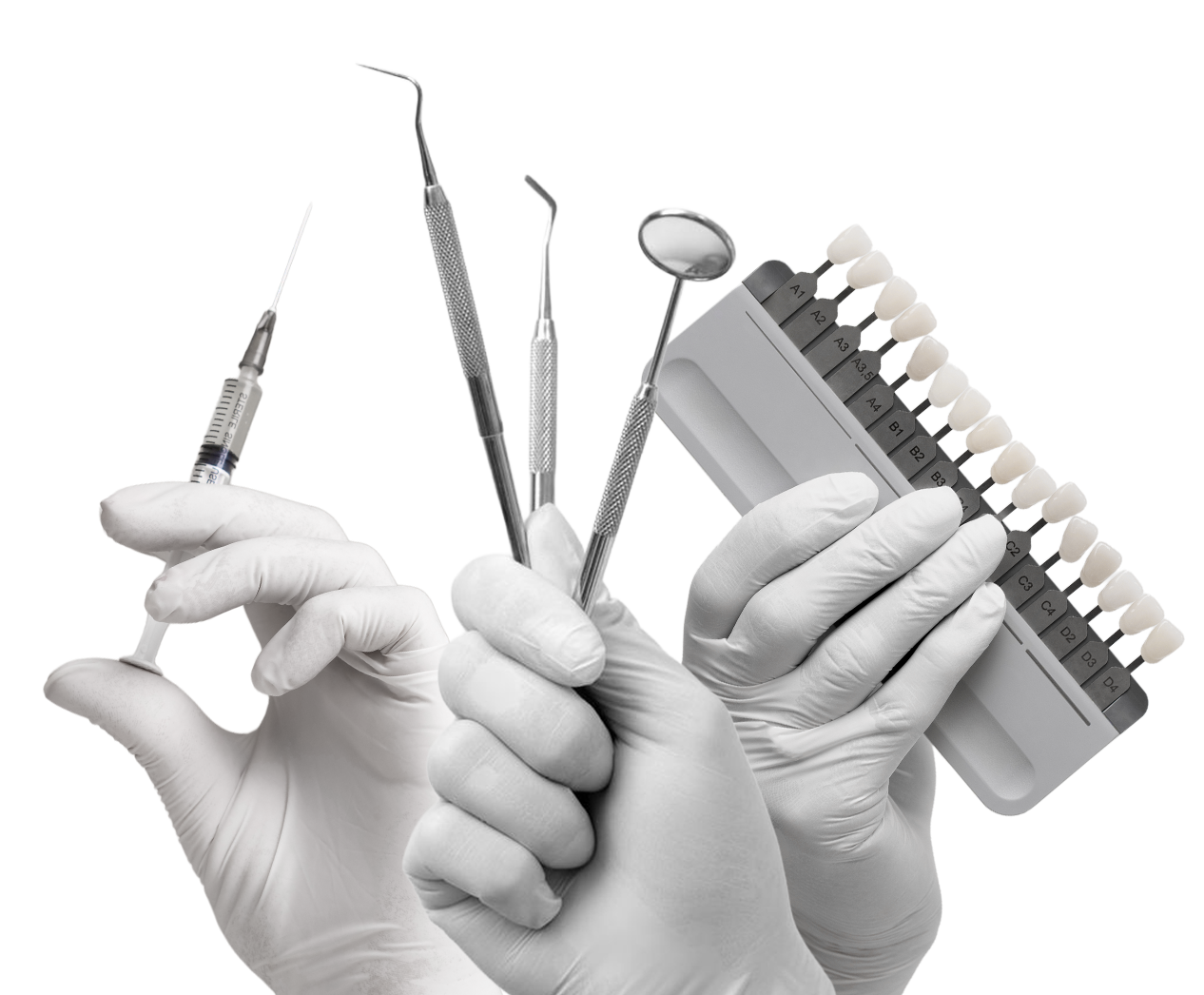 Mãos-com-luvas-Instrumentos-odontológicos-Seringa-Escala-de-cores-dentárias